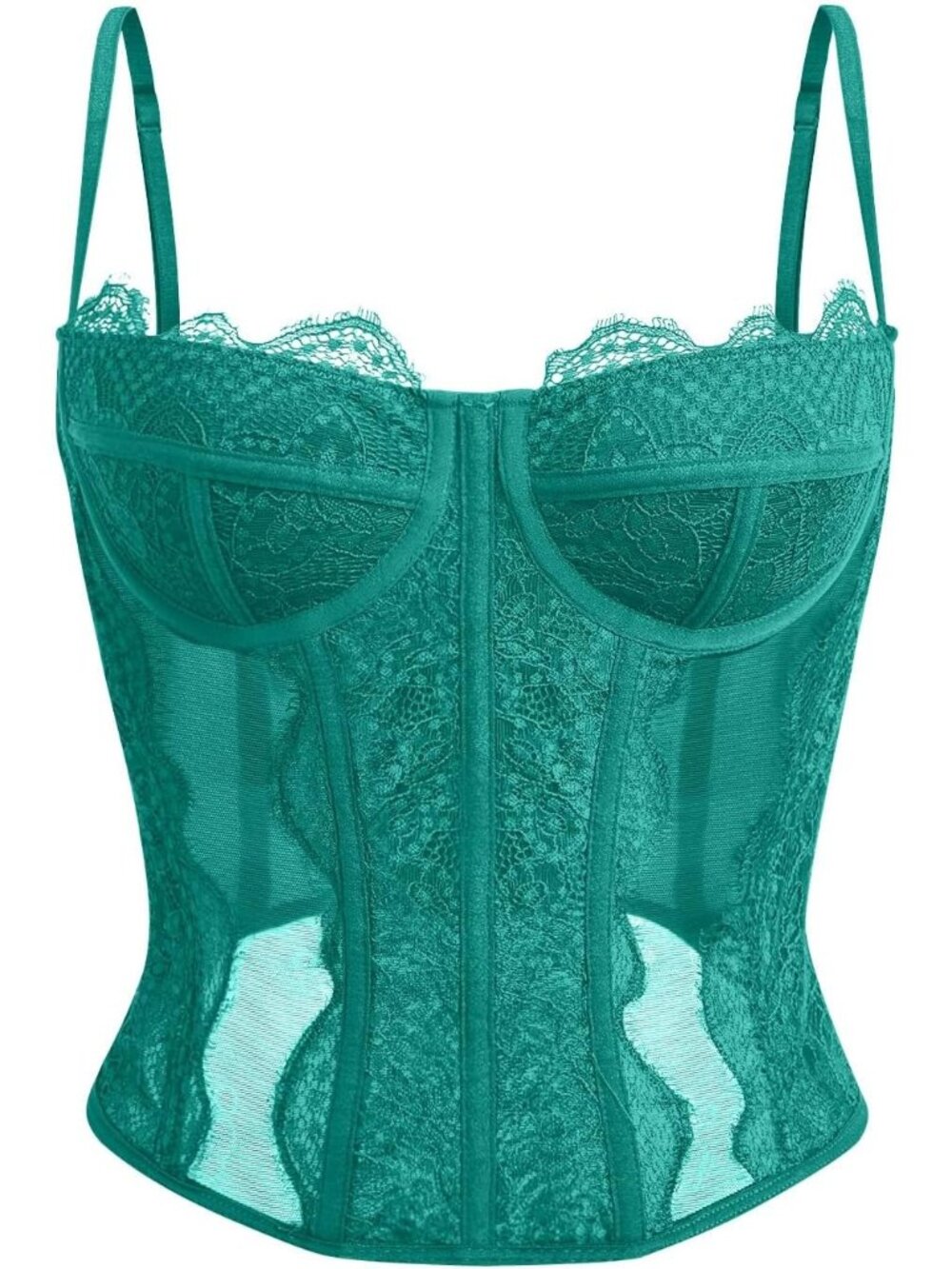 Women's Grass Green Boned Lace Mesh Underwire Bustier Spaghetti Strap Corset Top